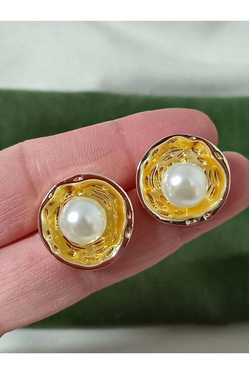 Çelik Gold Ortası İnci Şık  Kadın Küpe