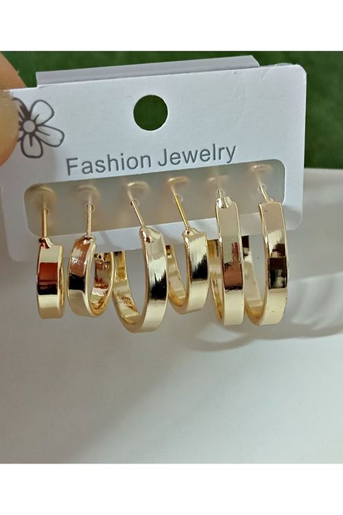 Gold 6 lı Set, 3 Boy Halka Şık Kadın Küpe