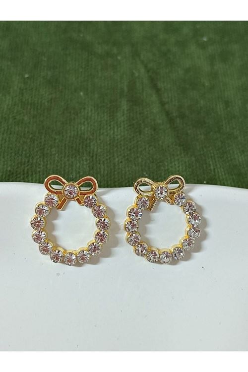 Gold Taşlı Fiyonk Yuvarlak Şık Kadın Küpe