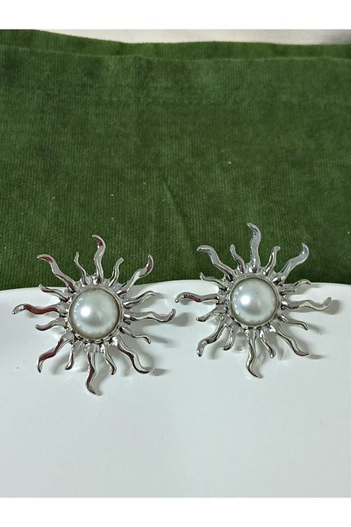 Gümüş Ortası incili Güneş Form Şık Kadın Küpe