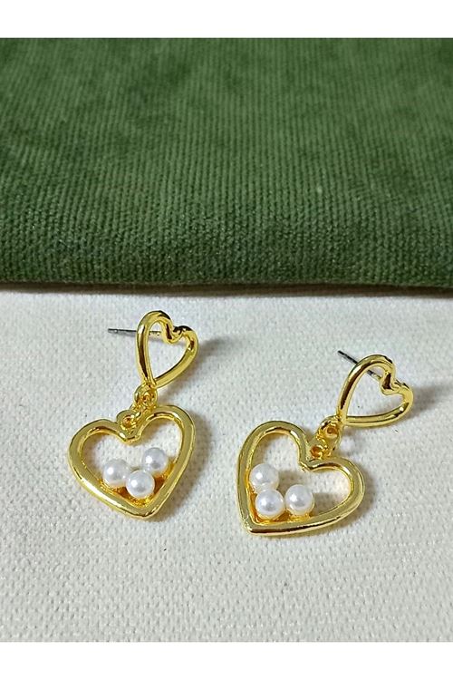 Çelik Gold İncili Kalp Aşk Love Kadın Küpe