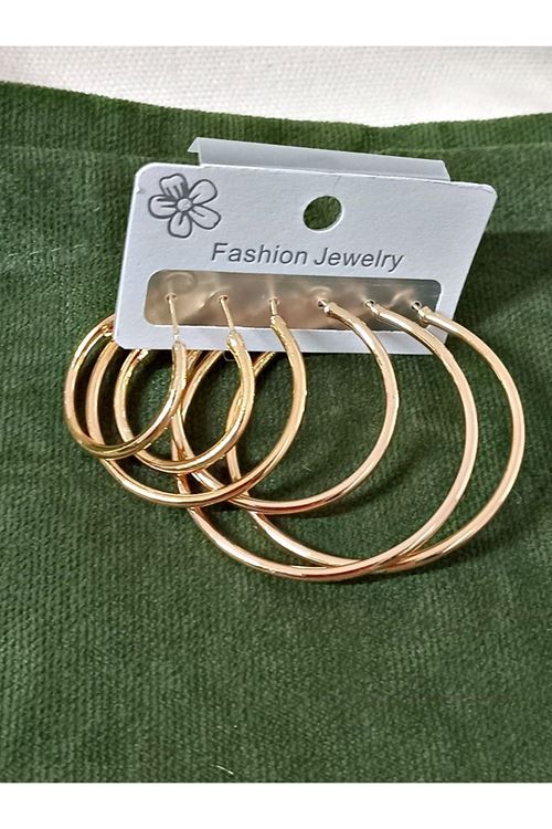 Gold İnce 6 lı Set, 3 Boy Halka Şık Kadın Küpe, Hafif