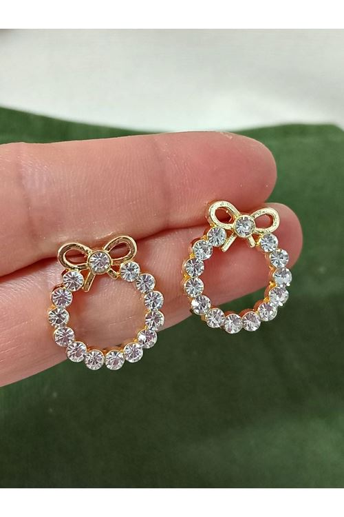 Gold Taşlı Fiyonk Yuvarlak Şık Kadın Küpe