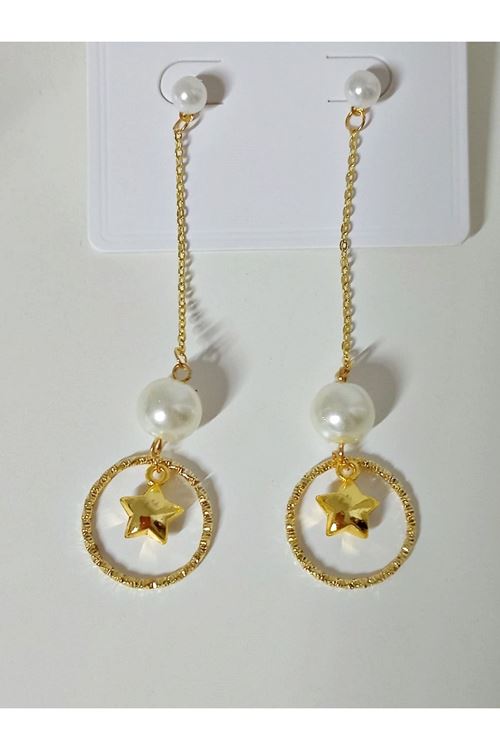 Gold, İnci Yıldız Sallantılı Hafif Şık Kadın Küpe
