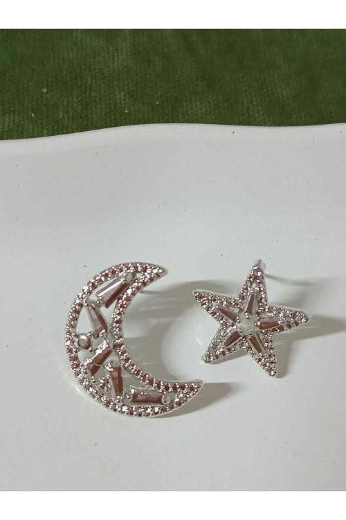 Gümüş Ay Yıldız Kadın Küpe