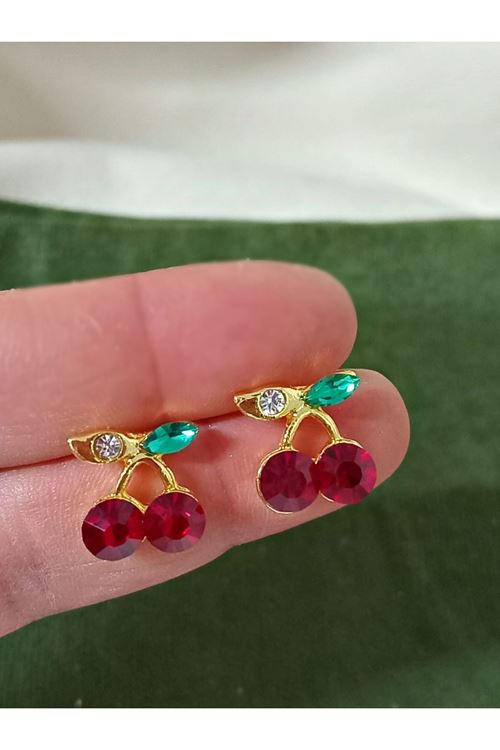 Gold Taşlı Kiraz Küçük Kadın Küpe