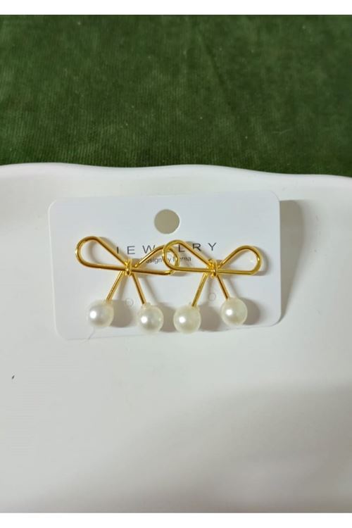 İncili Gold Fiyonk Kadın Küpe