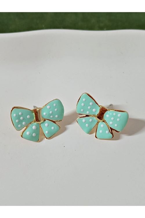 Mint Yeşili Fiyonk Puantiyeli Hafif Şık Kadın Küpe