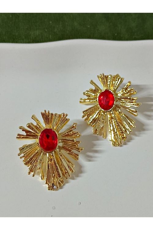 Gold Kırmızı Taşlı Kadın Küpe