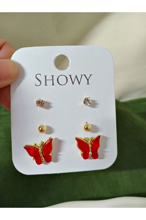 6 Parçalı Gold Kırmızı Kelebek Kadın Küpe