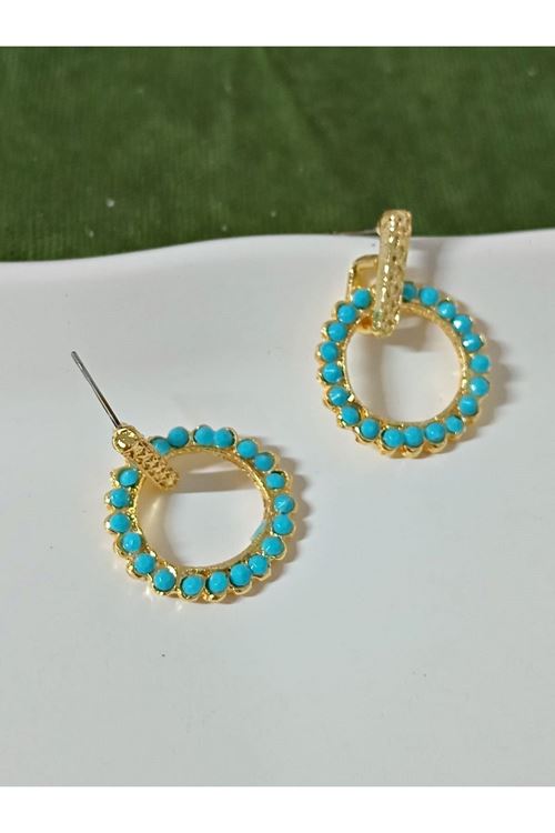 Gold Mavi Boncuklu Şık Kadın Küpe