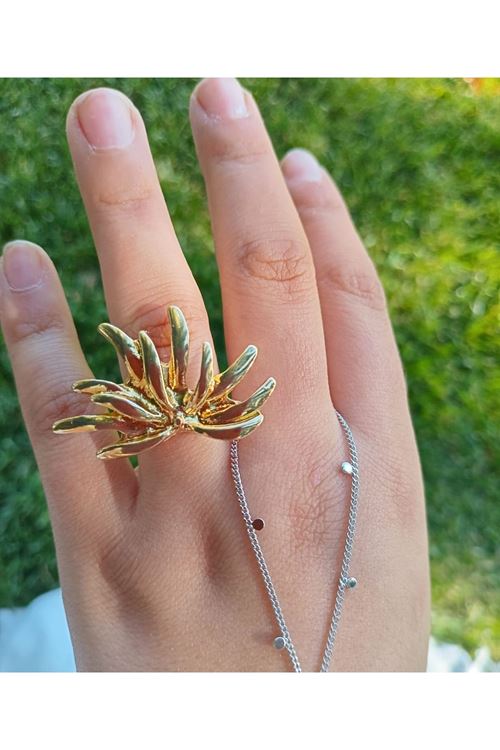 3 Parça, Kanat Model Ayarlanabilir Çelik Yüzük ve Küpe Seti-Altın
