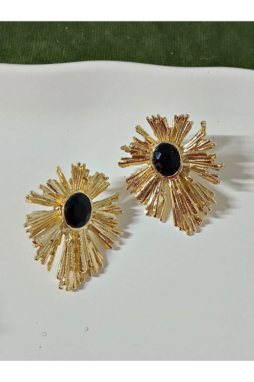 Gold Siyah Taşlı Kadın Küpe