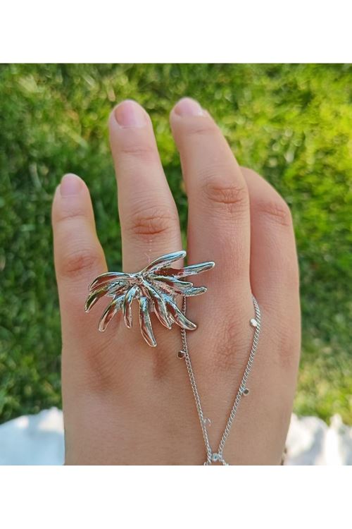 3 Parça, Kanat Model Ayarlanabilir Çelik Yüzük ve Küpe Seti-Gümüş