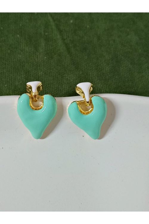 Mint Yeşili Mineli Kalp Hafif Şık Kadın Küpe