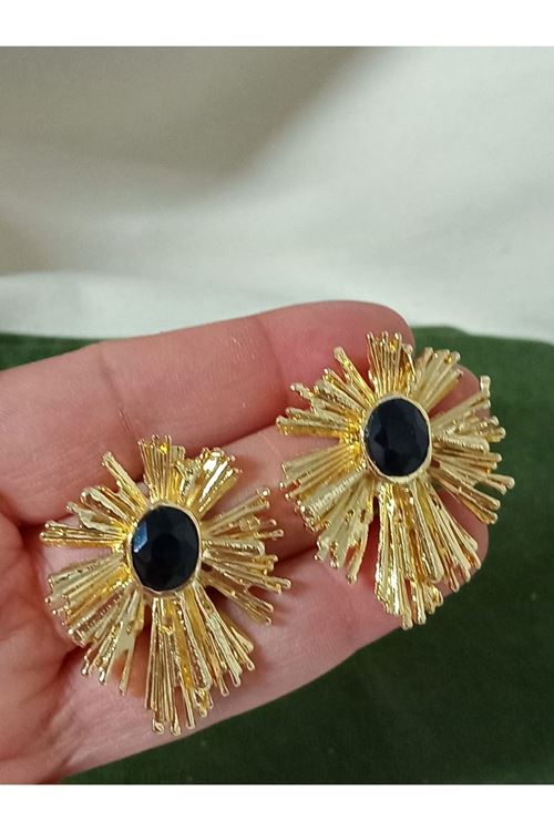 Gold Siyah Taşlı Kadın Küpe