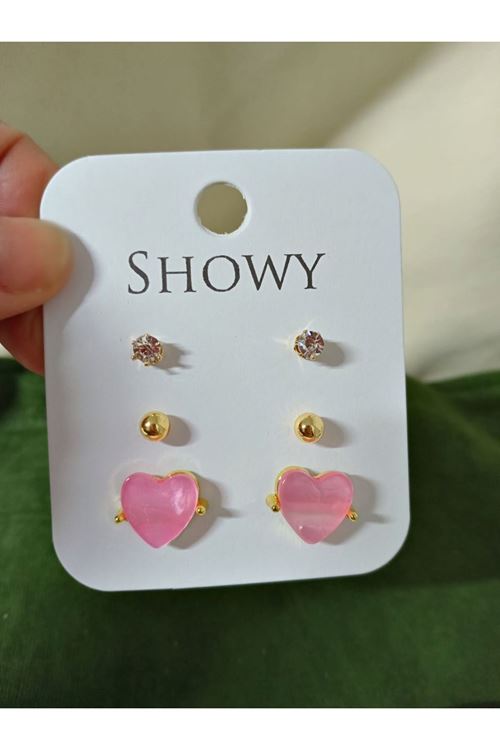 6 Parçalı Gold Pembe Kalp Kadın Küpe