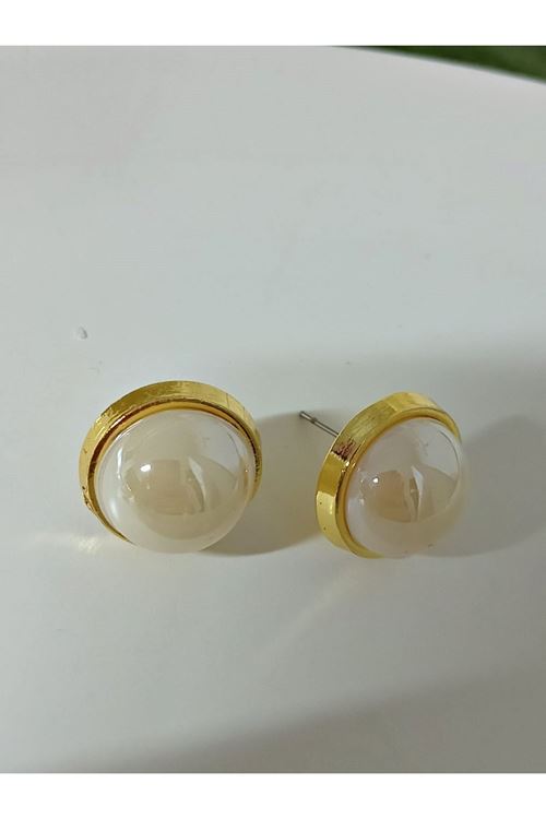 Gold Küçük Krem Düğme Kadın Küpe