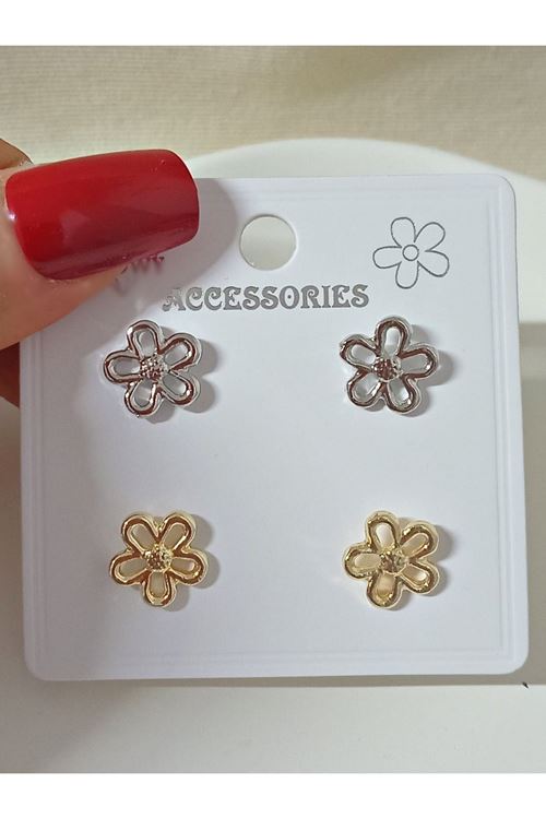 2 Çift Gold Gümüş Minimal Papatya Kadın Küpe