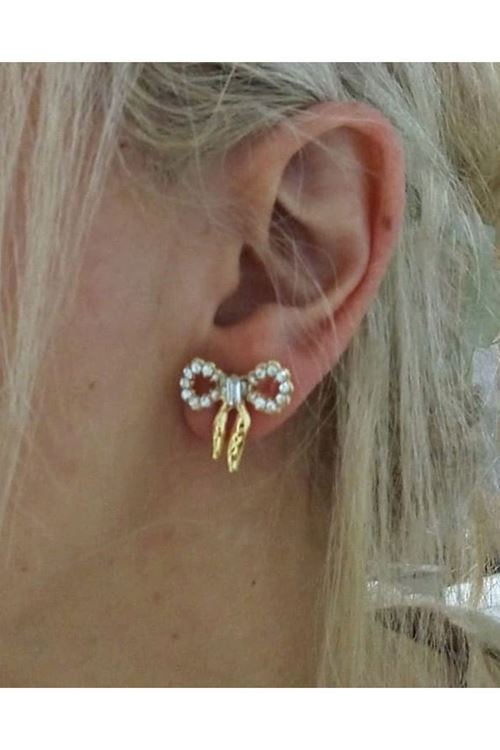 Gold Taşlı Küçük Fiyonk Şık Kadın Küpe