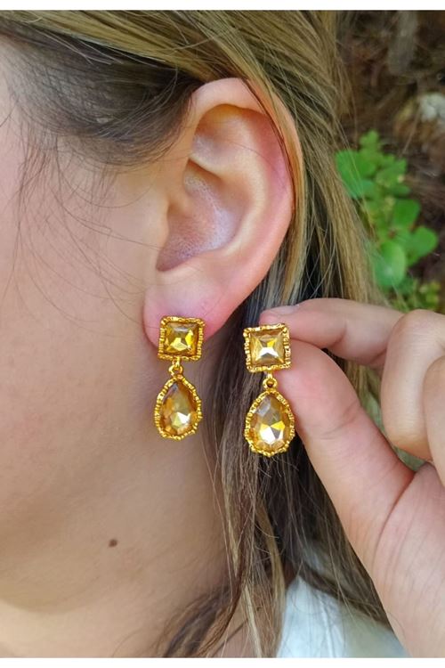 Bal Rengi Taşlı Gold Kadın Küpe