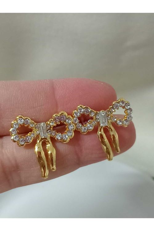 Gold Taşlı Küçük Fiyonk Şık Kadın Küpe