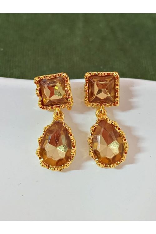 Bal Rengi Taşlı Gold Kadın Küpe