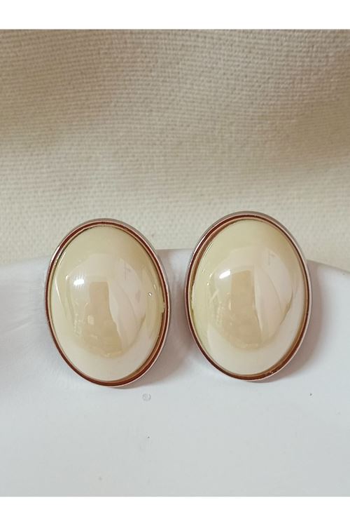 Gümüş Krem Incili Düğme Kadın Küpe, Uzunluk: 2cm
