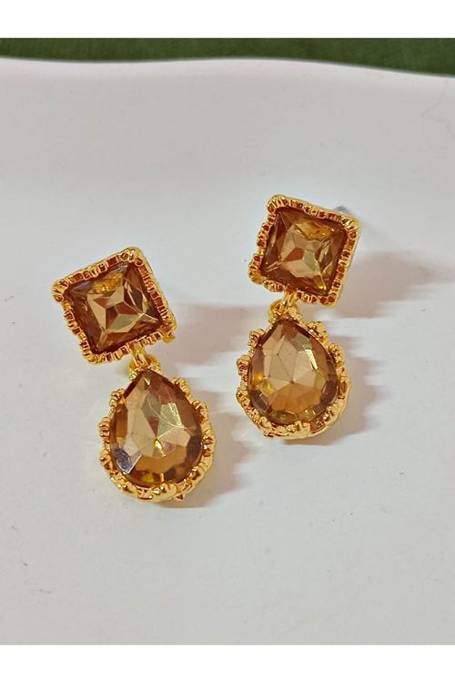 Bal Rengi Taşlı Gold Kadın Küpe