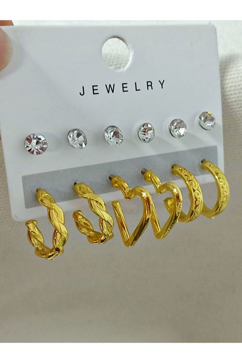 12 Parçalı Gold Halka Hafif Kadın Küpe Seti