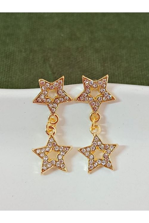 Gold Taşlı Çift Yıldız Hafif Kadın Küpe