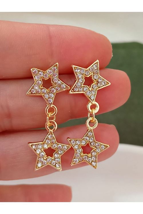 Gold Taşlı Çift Yıldız Hafif Kadın Küpe