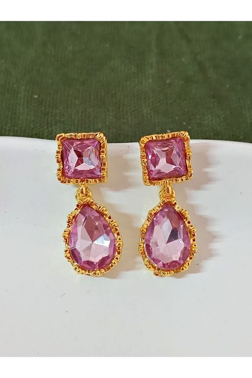 Açık Pembe Taşlı Gold Kadın Küpe