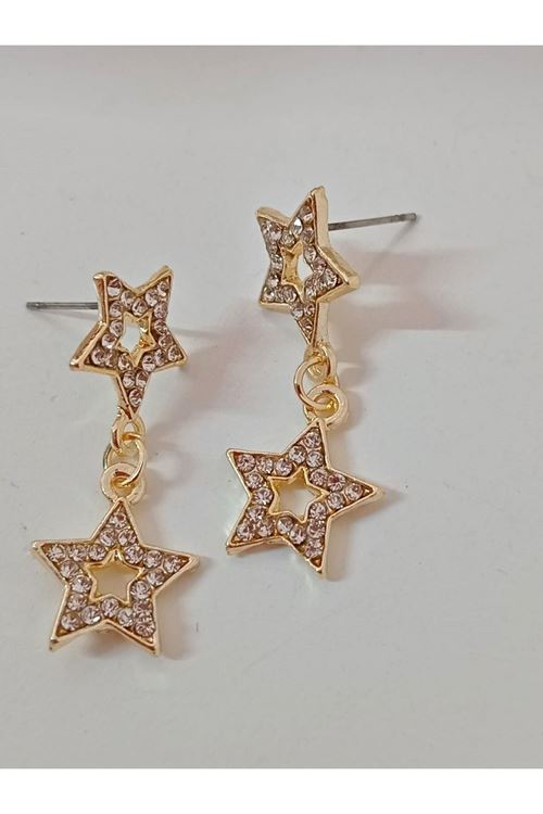 Gold Taşlı Çift Yıldız Hafif Kadın Küpe
