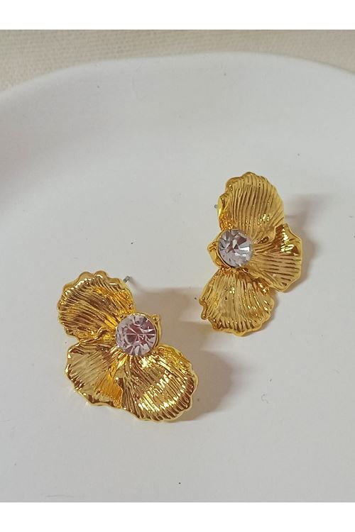 Gold Yarım Çiçek Taşlı Şık Kadın Küpe