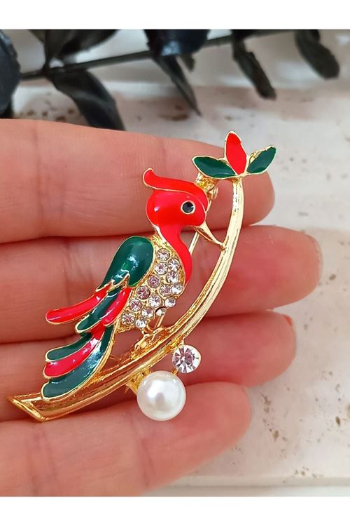 Kırmızı Yeşil Kuş İncili Taşlı Şık Broş
