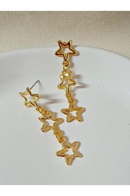 Gold Üç Sıralı Yıldız Şık Kadın Küpe