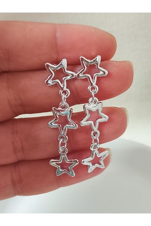 Gümüş Üç Sıralı Yıldız Şık Kadın Küpe