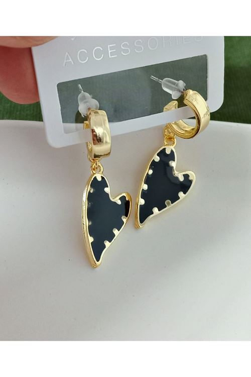Gold Siyah Kalp Kadın Küpe