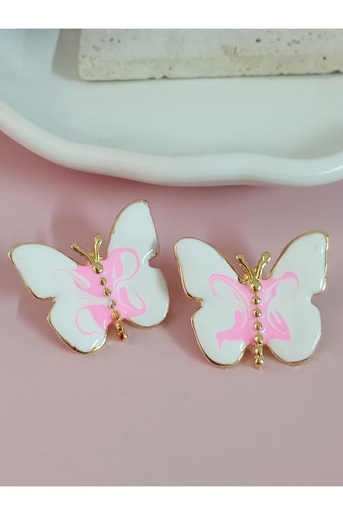 Gold Pembe Beyaz Renkli Kelebek Şık Kadın Küpe