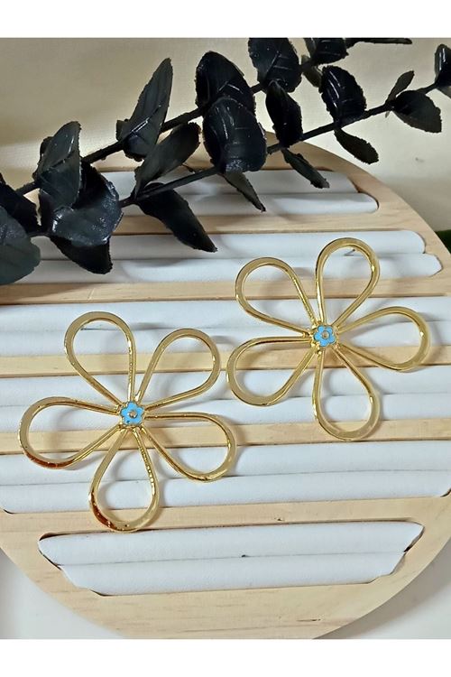 Gold Mavi Mineli Papatya Kadın Küpe, Daisy