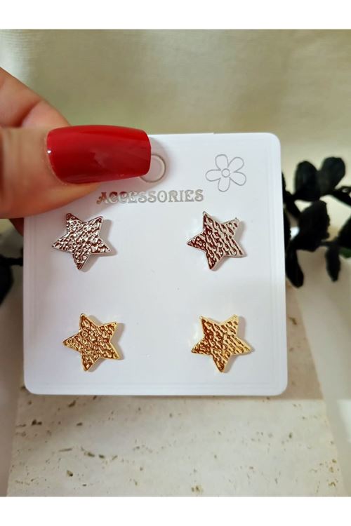 2 Çift Gold-Gümüş Yıldız Kadın Küpe