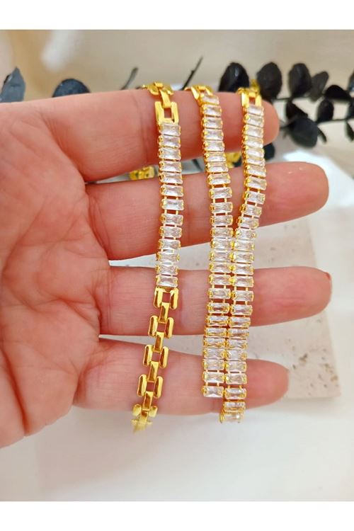 Gold Baget Taşlı Zarif Kolye Ve Bileklik Seti