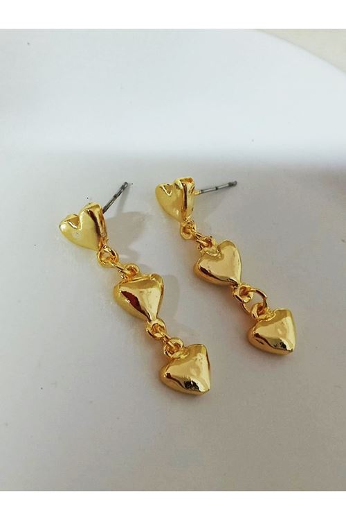Gold Üç Sıralı Kalp Şık Kadın Küpe
