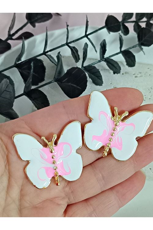 Gold Pembe Beyaz Renkli Kelebek Şık Kadın Küpe