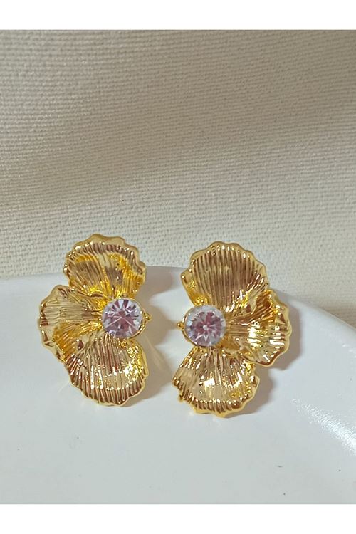 Gold Yarım Çiçek Taşlı Şık Kadın Küpe