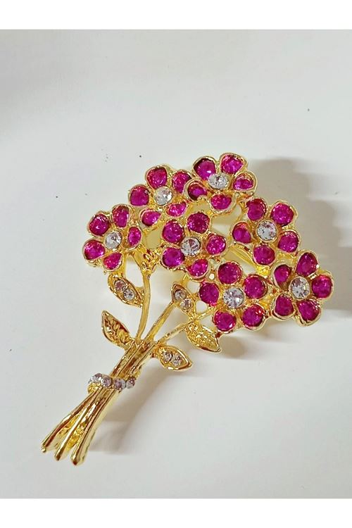Pembe Taşlı Çiçek Buketi Şık Broş