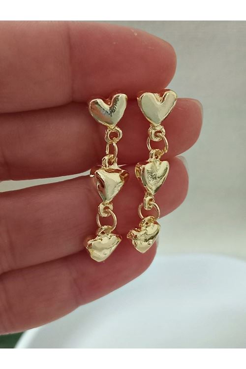 Gold Üç Sıralı Kalp Şık Kadın Küpe