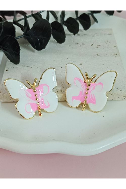 Gold Pembe Beyaz Renkli Kelebek Şık Kadın Küpe