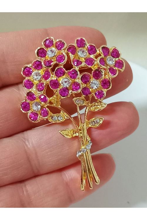 Pembe Taşlı Çiçek Buketi Şık Broş